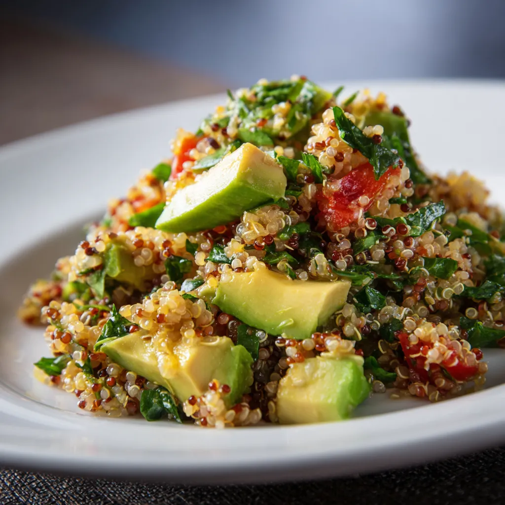 Close-up of quinoa salad with avocado and herbs