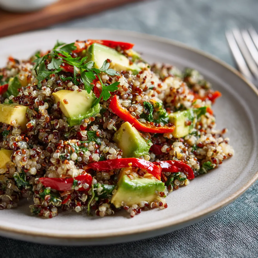 Finished quinoa salad served in a bowl with a fork
