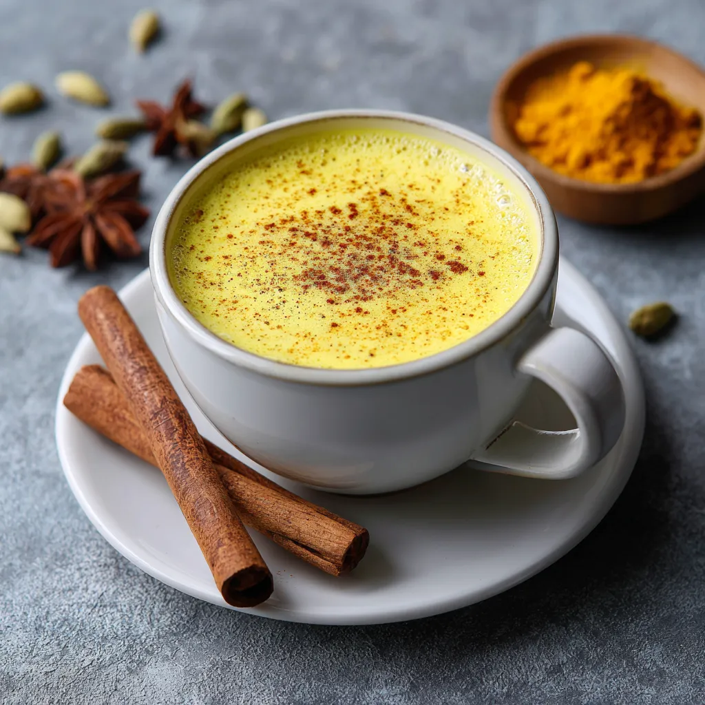 Ingredients for golden milk latte including turmeric, cinnamon, milk, and honey.