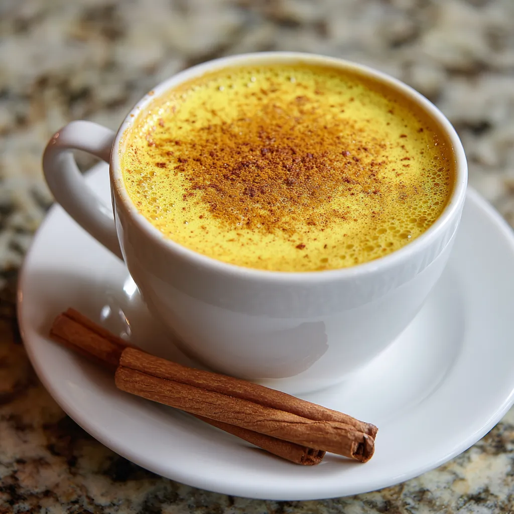A person stirring a golden milk latte in a cozy kitchen setting.