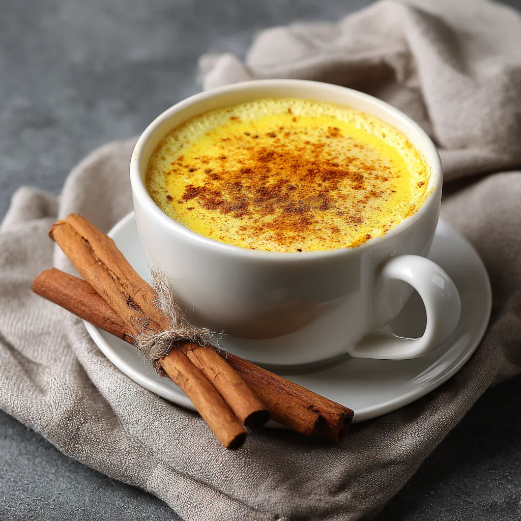 A beautifully styled golden milk latte served in a rustic mug with a cinnamon stick.