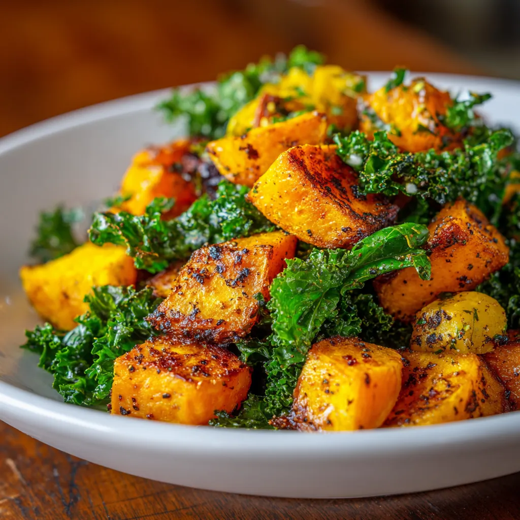 Ingredients for roasted sweet potato and kale bowl laid out on a kitchen counter.