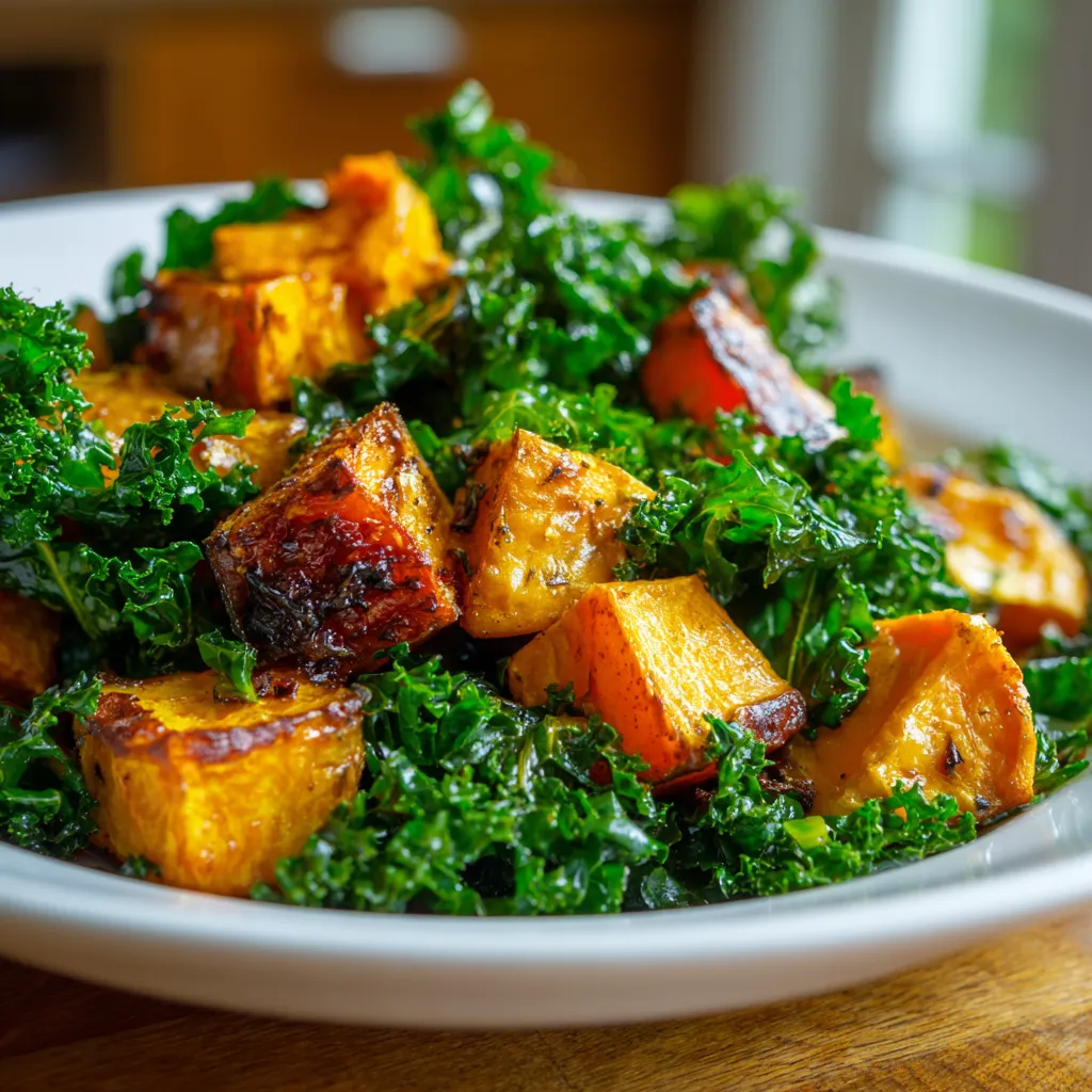 Finished roasted sweet potato and kale bowl served in a rustic bowl