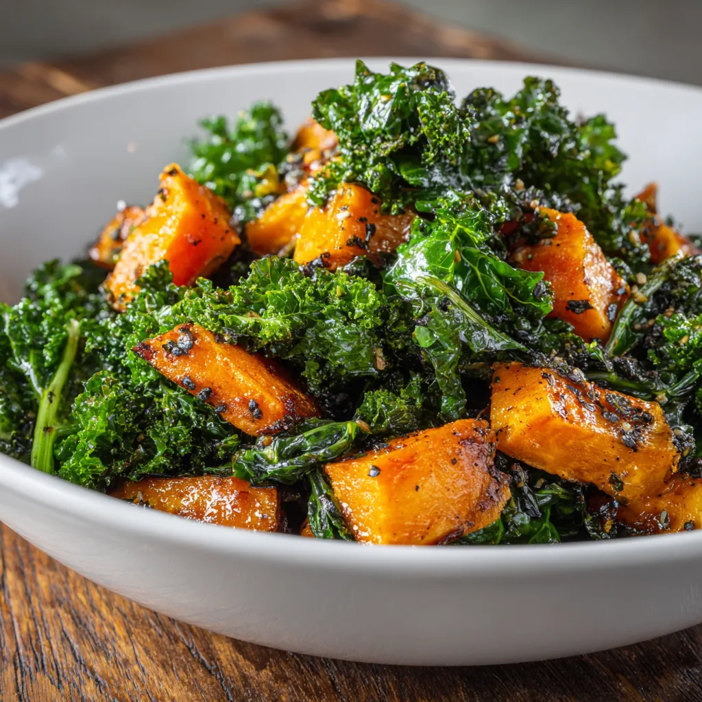 Close-up of roasted sweet potatoes and kale in a bowl.