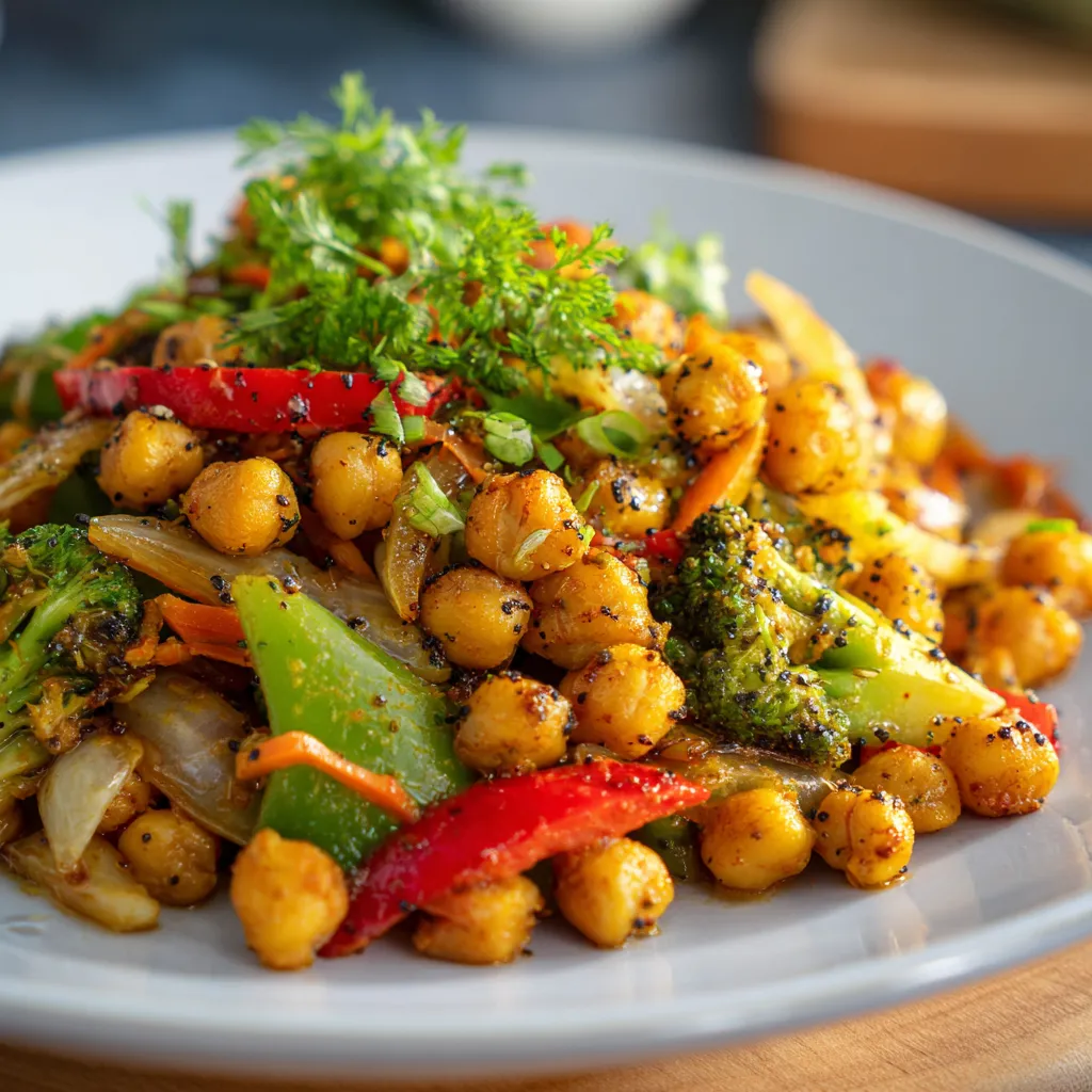 Chickpea Stir Fry Recipe Powerful Anti-Inflammatory 2 Colorful chickpea stir fry with vegetables in a skillet