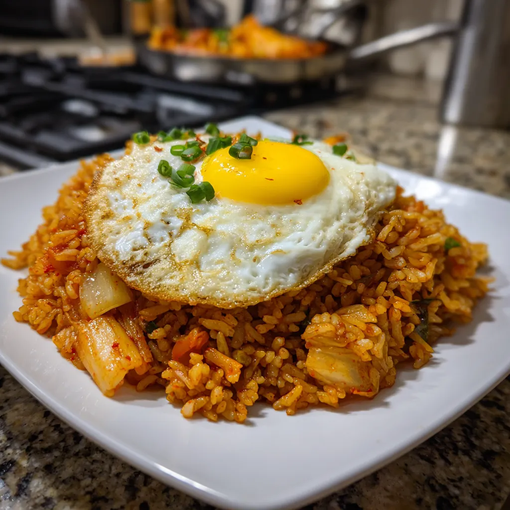 Kimchi Fried Rice Recipe – Easy & Delicious 4 Ingredients for kimchi fried rice laid out on a wooden table