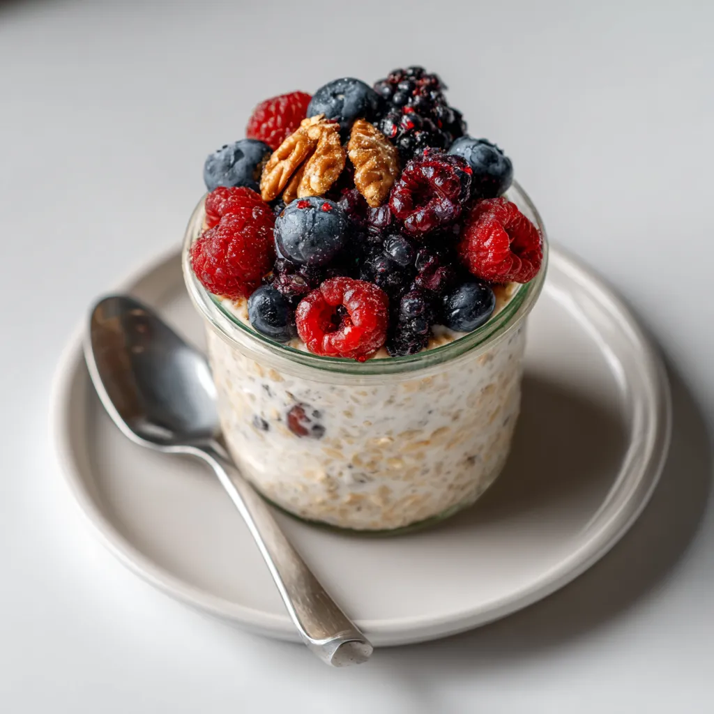 Overnight Oats Recipe with Berries and Flaxseeds 3 Close-up of mixed berries on top of overnight oats