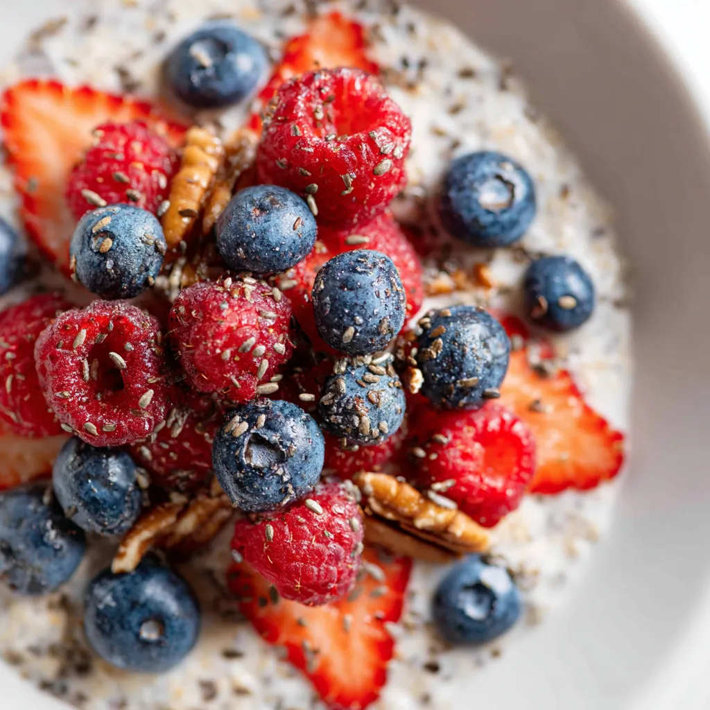 Overnight Oats Recipe with Berries and Flaxseeds 2 A bowl of overnight oats topped with fresh berries and flaxseeds