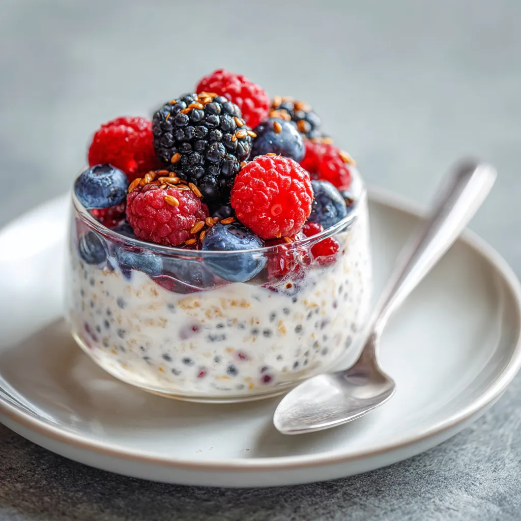 Overnight Oats Recipe with Berries and Flaxseeds 4 Ingredients for overnight oats including oats, berries, and flaxseeds